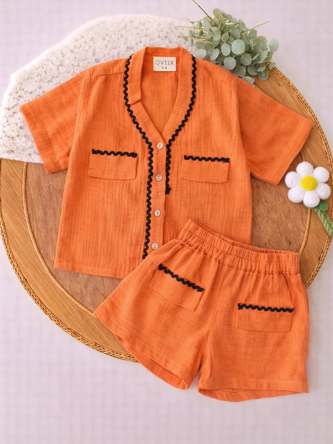Qvink Half Sleeves Lace Detailed Coordinating Shirt & Shorts Set - Orange