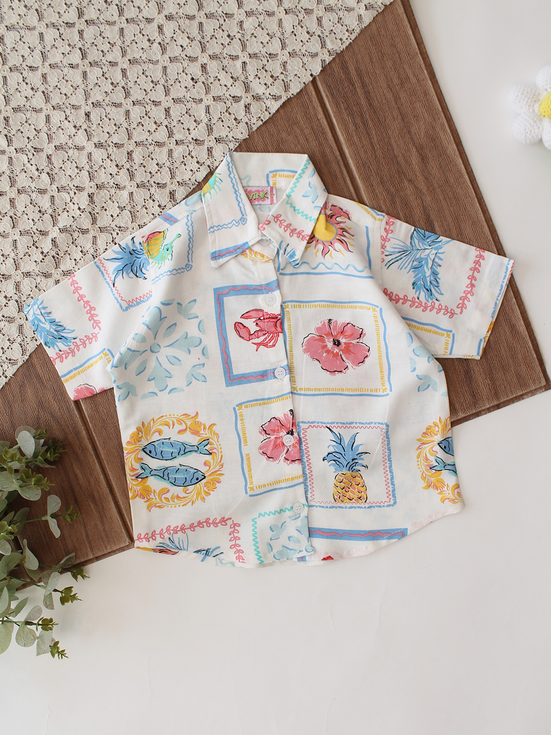 Qvink Half Sleeves Printed Coordinating Shirt & Pant Set - White