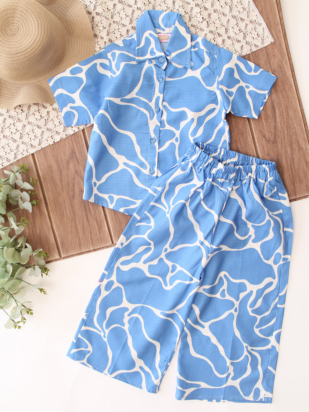 Qvink Half Sleeves Printed Coordinating Shirt & Pant Set - Blue