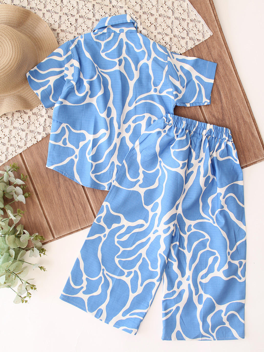 Qvink Half Sleeves Printed Coordinating Shirt & Pant Set - Blue