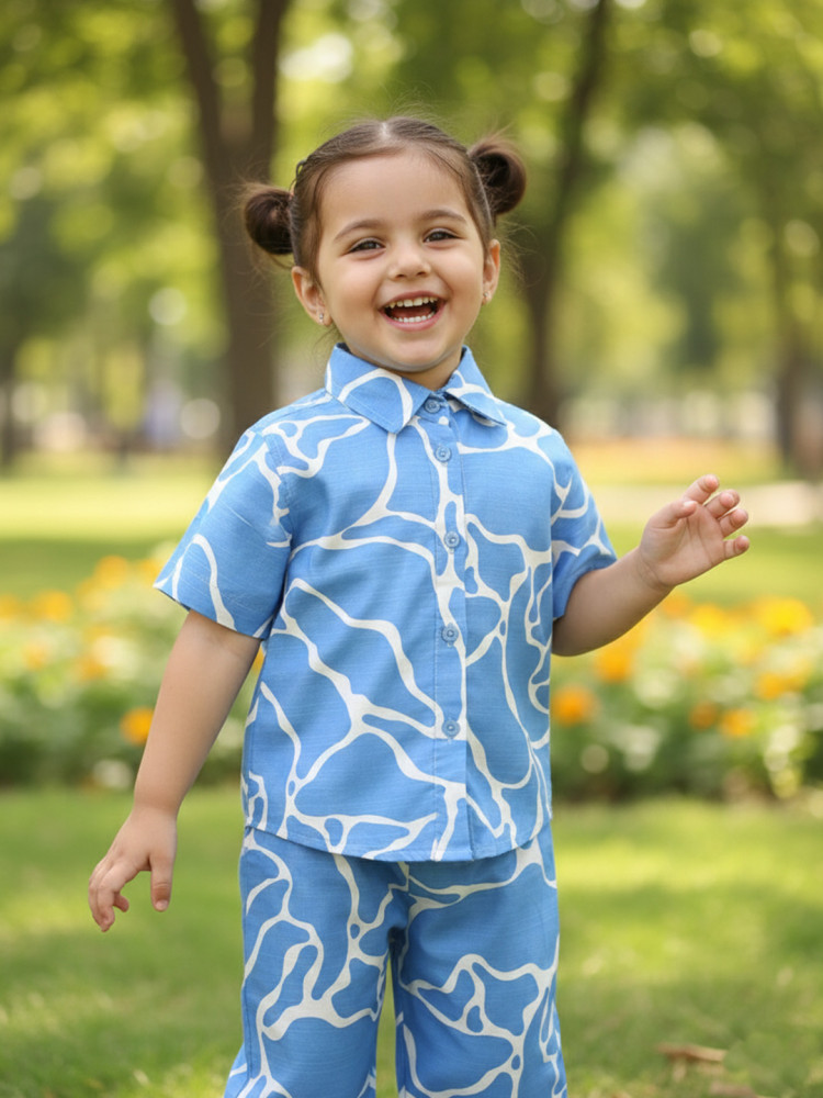 Image of Qvink Half Sleeves Printed Coordinating Shirt &amp; Pant Set - Blue