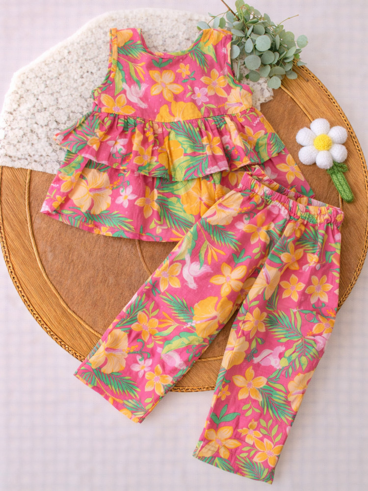 Image of Qvink Sleeveless Floral Printed Coordinating Top &amp; Pant Set - Multicolor