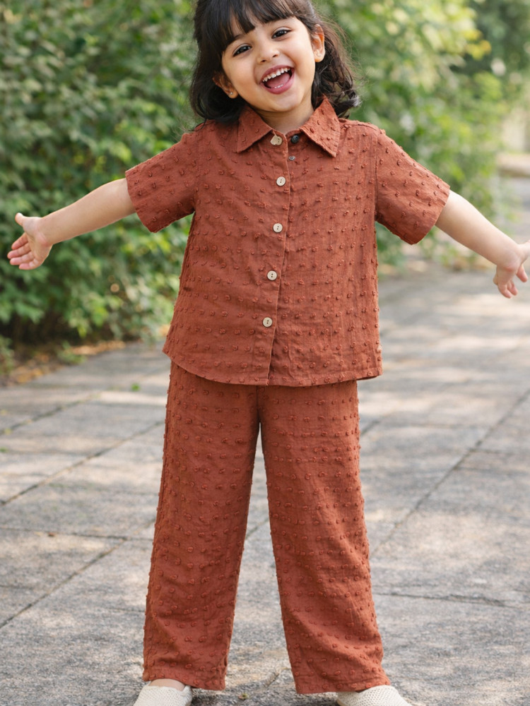 Image of Qvink Half Sleeves Coordinating Shirt &amp; Pant Set - Brown