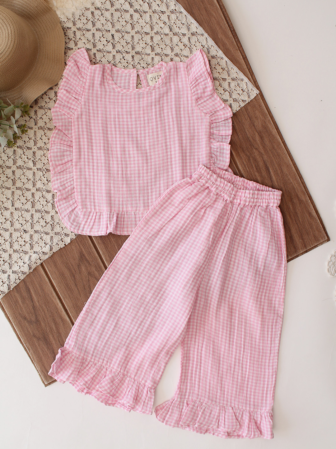 Qvink Sleeveless Checkered Pattern Coordinating Top & Pant Set - Pink
