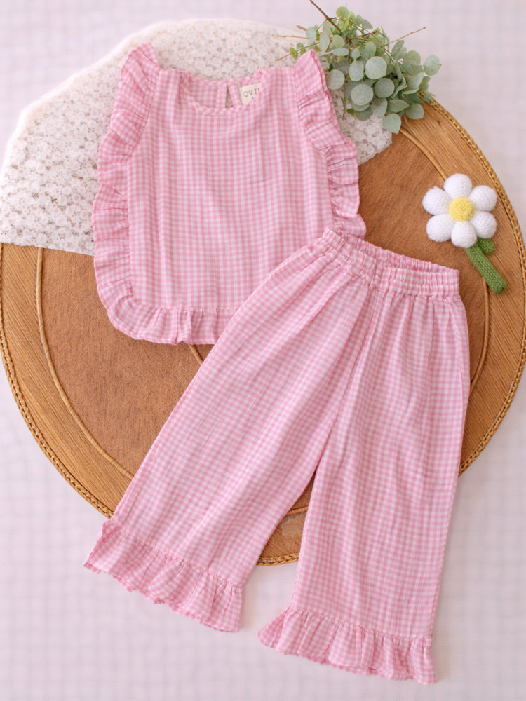 Image of Qvink Sleeveless Checkered Pattern Coordinating Top &amp; Pant Set - Pink
