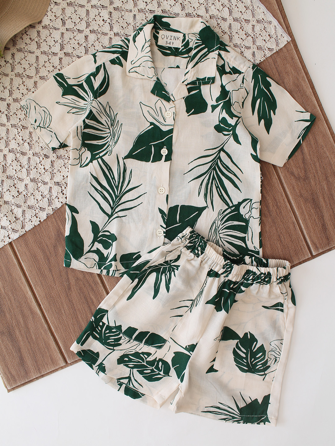Botanical Printed Coordinating Shirt & Shorts Set - Cream