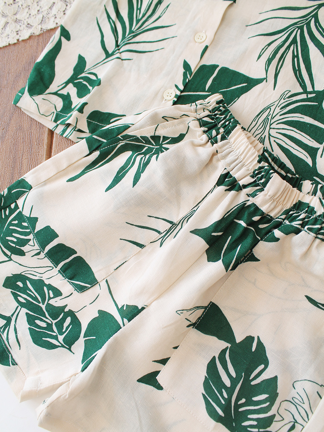 Botanical Printed Coordinating Shirt & Shorts Set - Cream