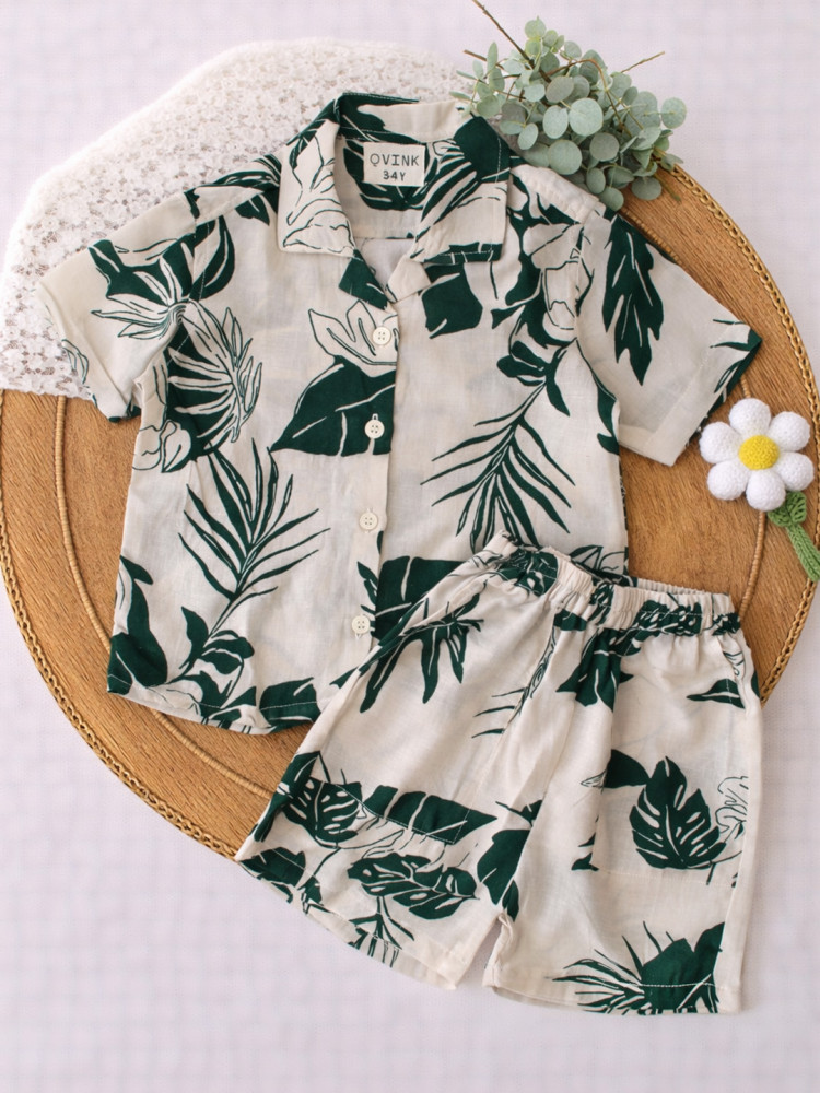 Image of Botanical Printed Coordinating Shirt &amp; Shorts Set - Cream