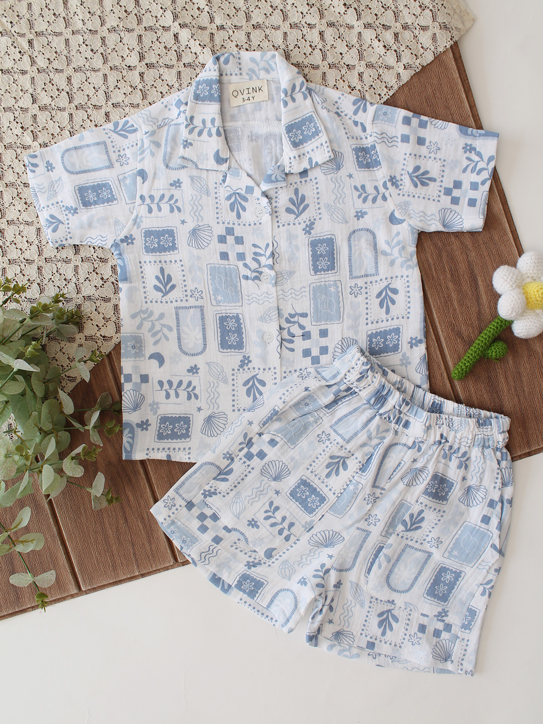 Qvink Half Sleeves Patchwork Print Coordinating Shirt & Shorts Set - White