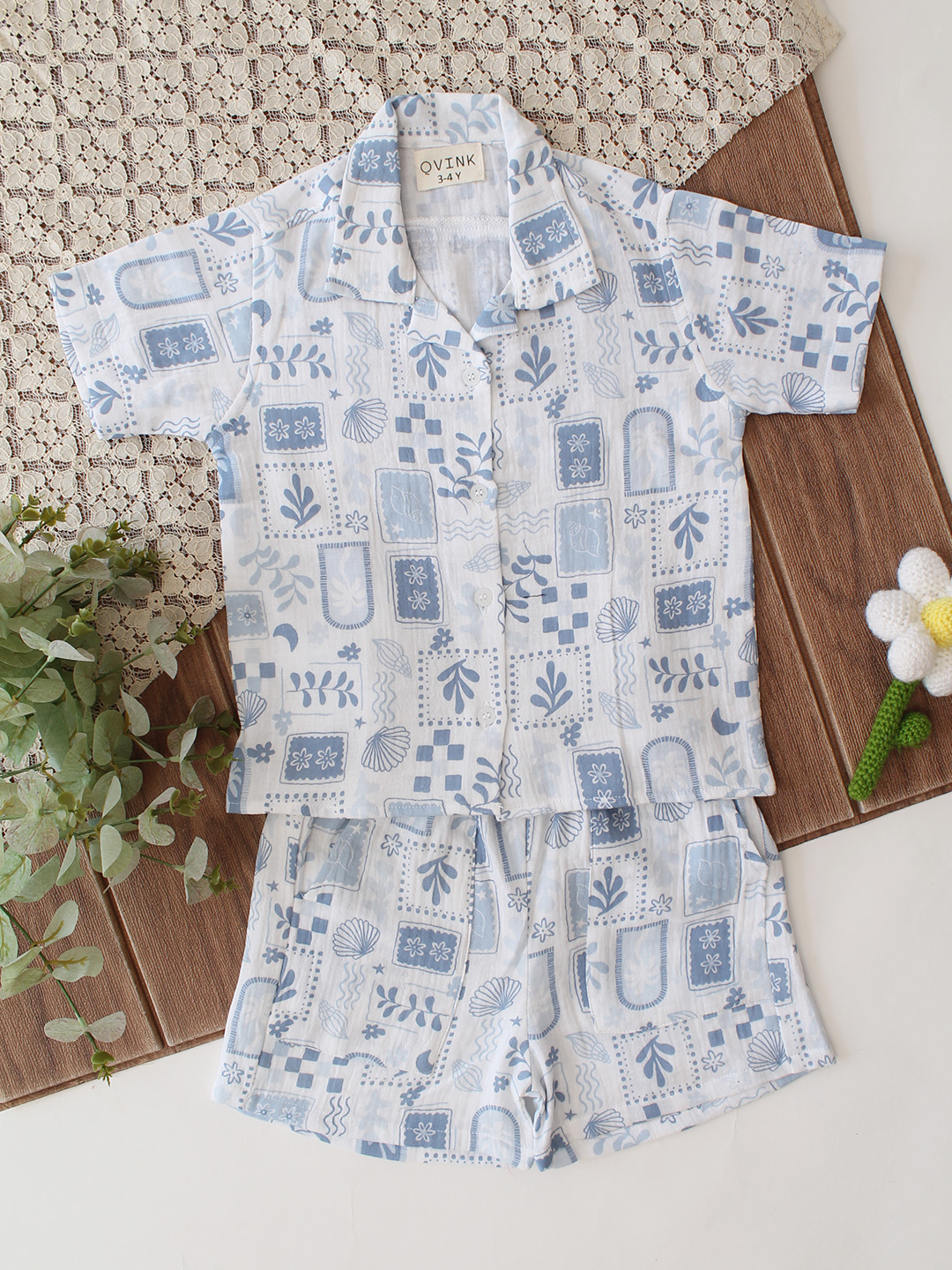 Qvink Half Sleeves Patchwork Print Coordinating Shirt & Shorts Set - White