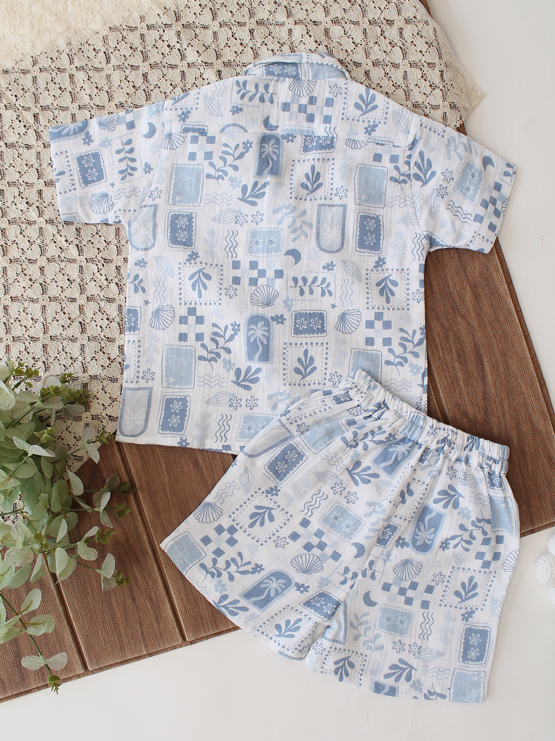 Qvink Half Sleeves Patchwork Print Coordinating Shirt & Shorts Set - White