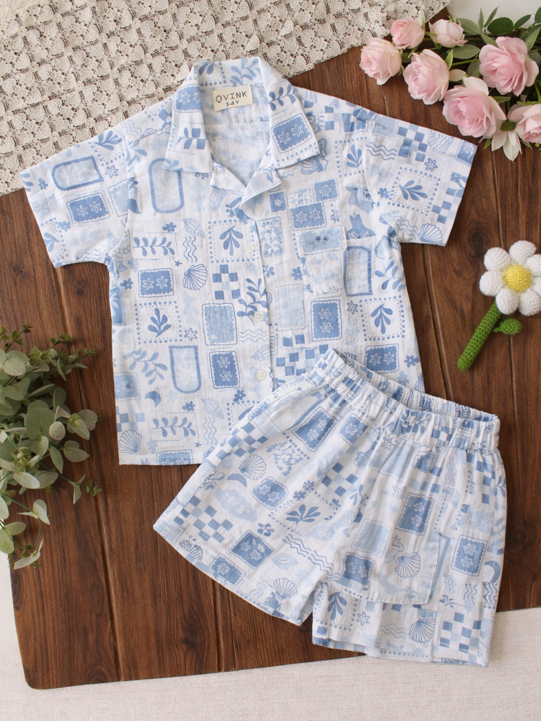 Qvink Half Sleeves Patchwork Print Coordinating Shirt & Shorts Set - White