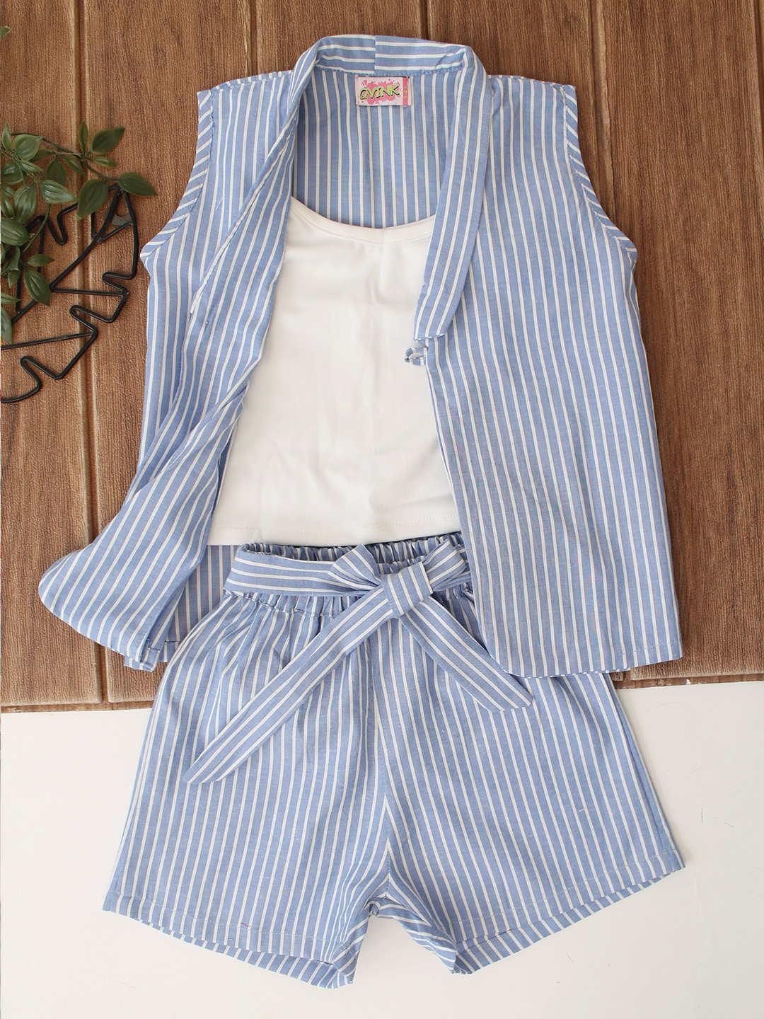 Qvink Striped Coordinating 3 Piece Set - Sky Blue