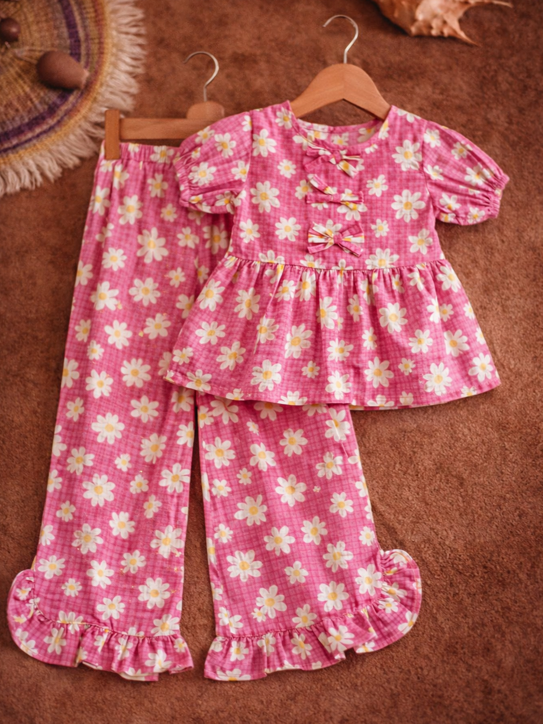 Daisy Floral Print Bow Detailed Coordinating Top & Pant Set - Pink