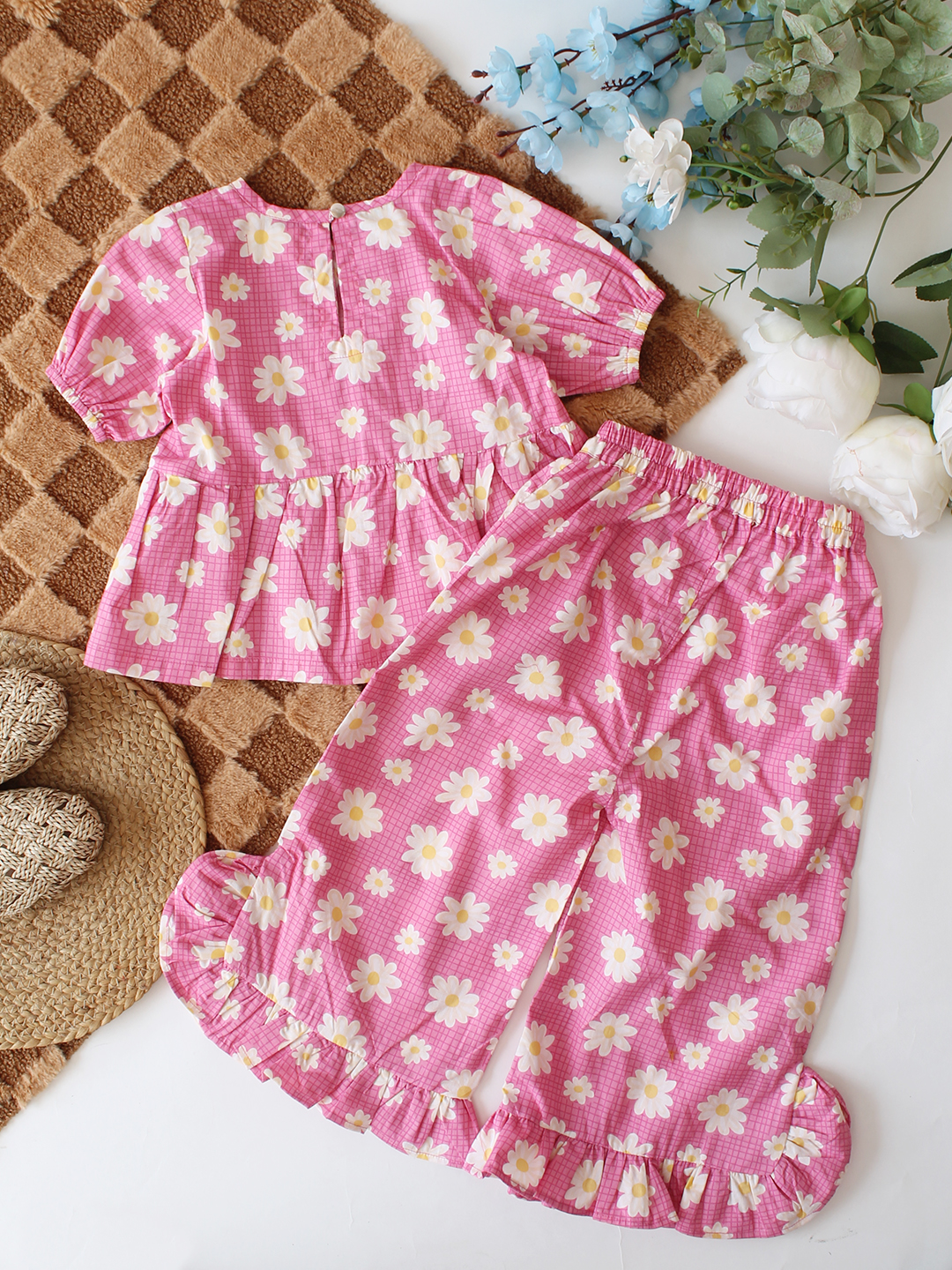 Daisy Floral Print Bow Detailed Coordinating Top & Pant Set - Pink