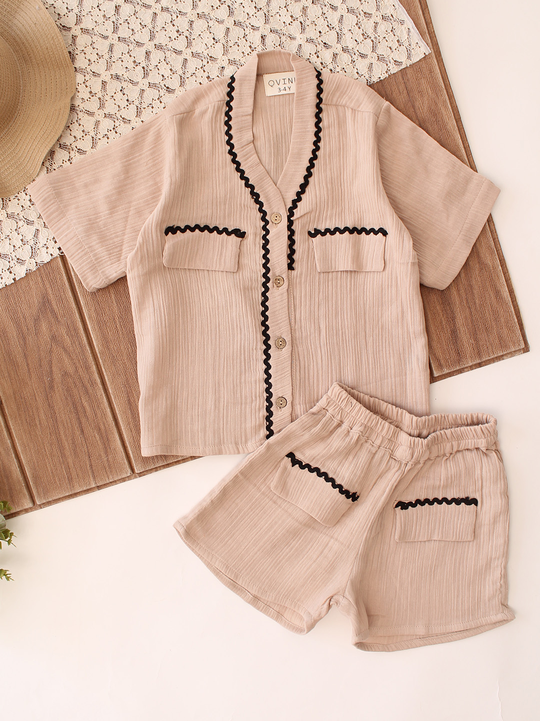 Boho Lace Detailing Coordinating Shirt & Shorts Set - Beige