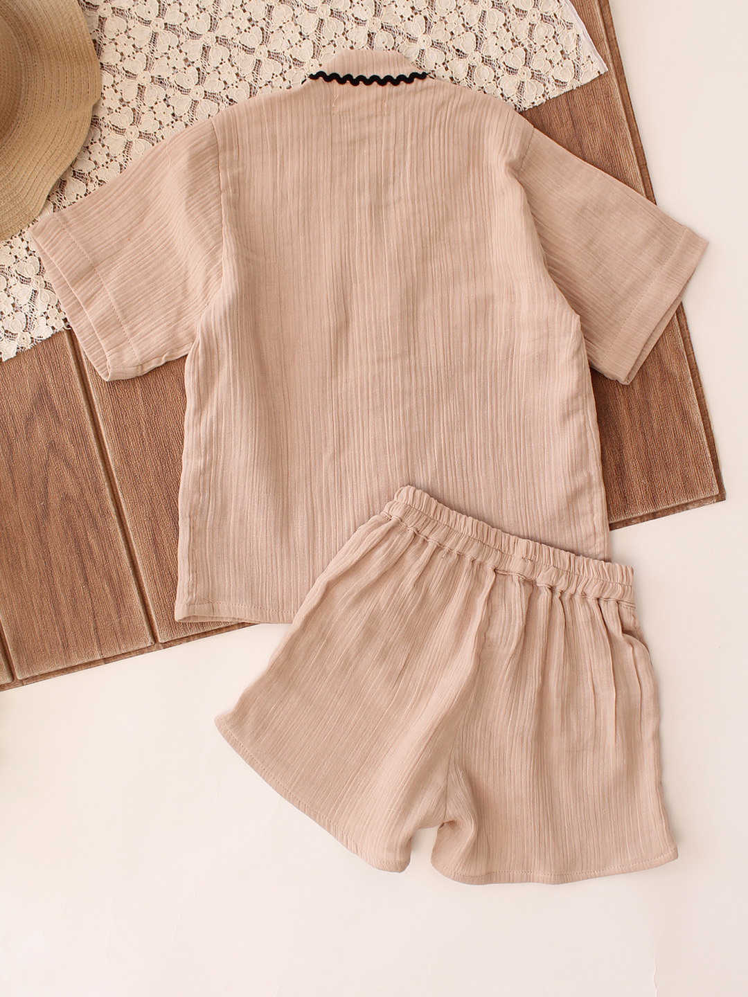 Boho Lace Detailing Coordinating Shirt & Shorts Set - Beige
