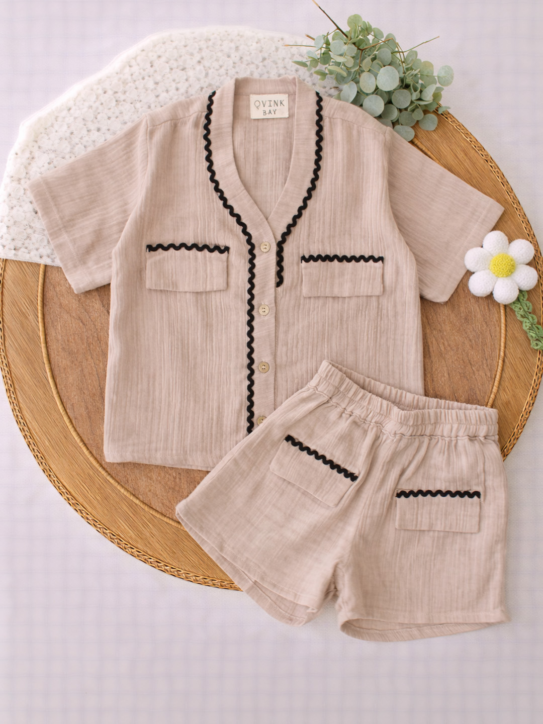 Boho Lace Detailing Coordinating Shirt & Shorts Set - Beige