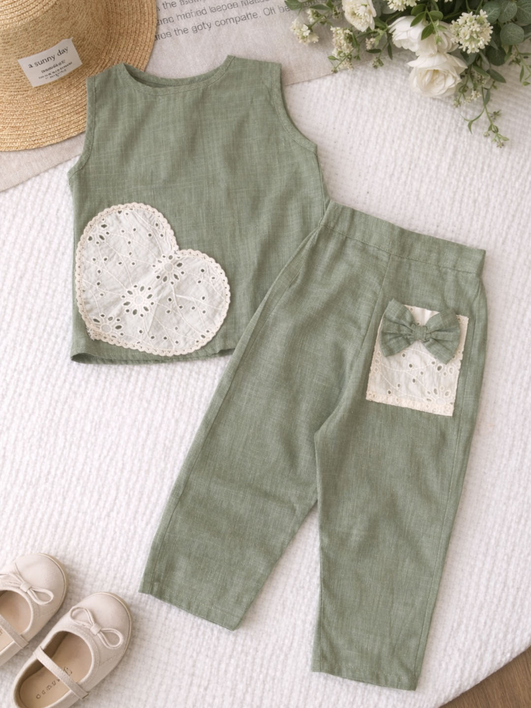 Heart Applique Detailed Coordinating Top & Pant Set - Olive Green