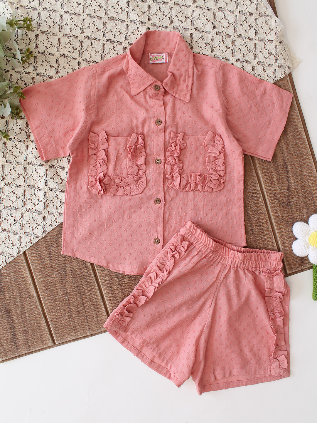 Qvink Half Sleeves Pocket Detalied Coordinating Shirt & Shorts Set - Pink