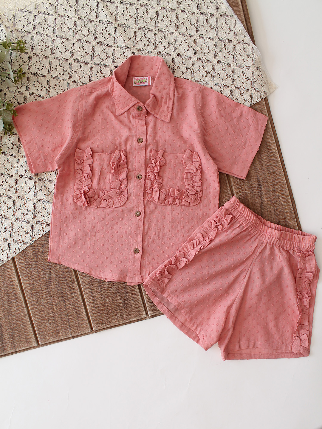 Qvink Half Sleeves Pocket Detalied Coordinating Shirt & Shorts Set - Pink