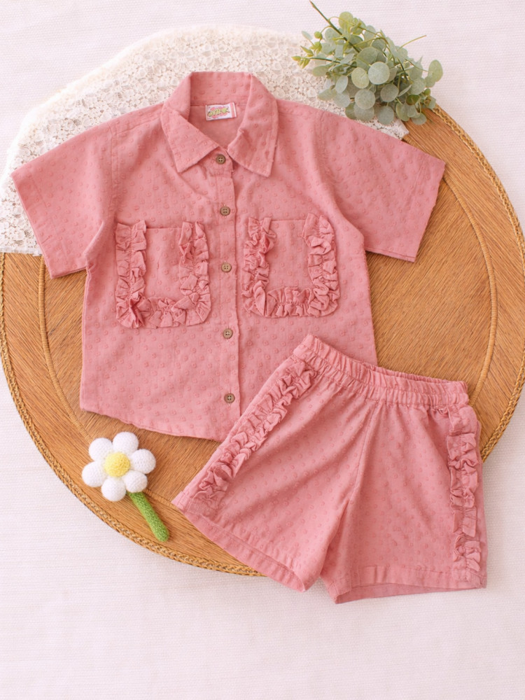 Image of Qvink Half Sleeves Pocket Detalied Coordinating Shirt &amp; Shorts Set - Pink