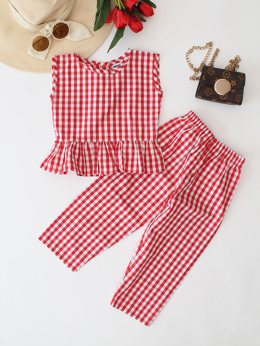 Qvink Sleeveless Checkered Pattern Co-Ord Set - Red