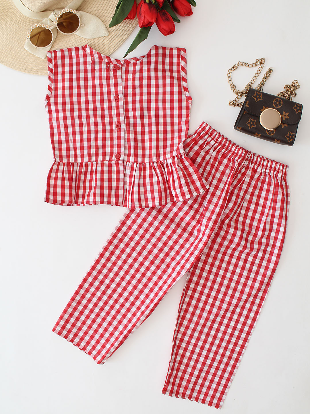Qvink Sleeveless Checkered Pattern Co-Ord Set  - Red