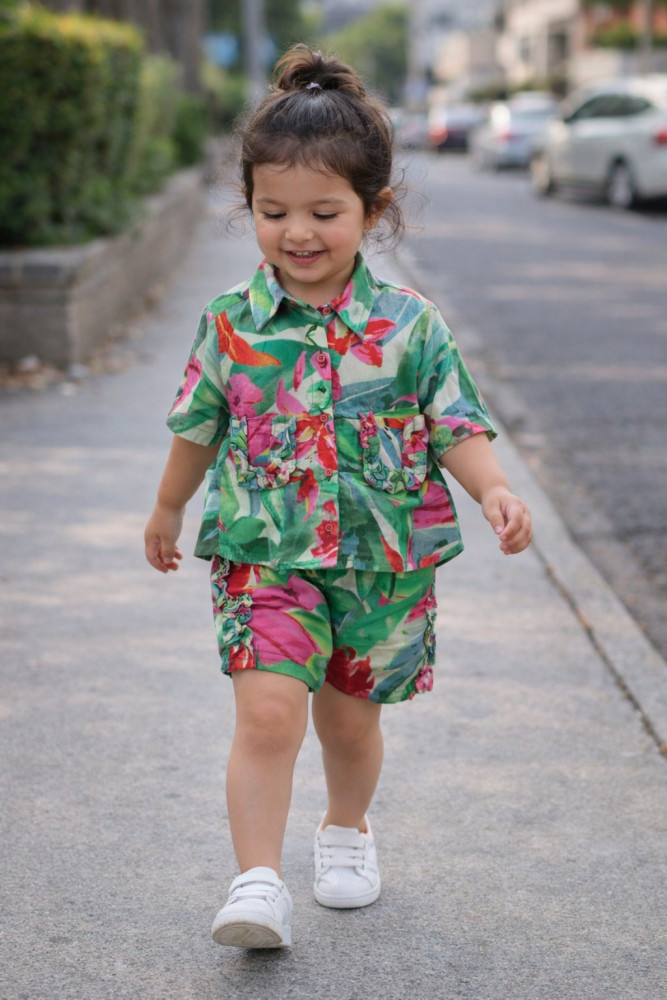 Image of Qvink Half Sleeves Pocket Detailed Coordinating Shirt &amp; Shorts Set - Multicolor