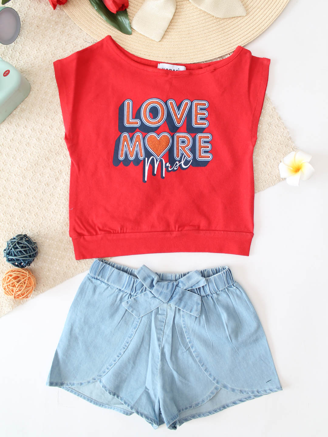 Qvink Sleeveless Top and Denim Shorts Set - Red