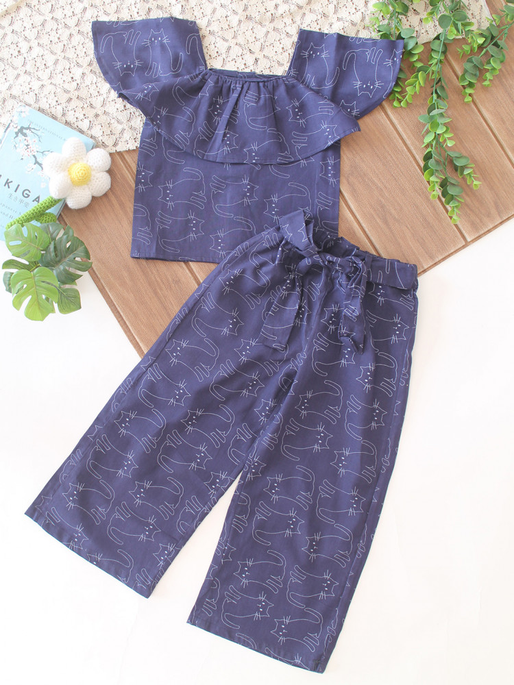 Image of Qvink Ruffle Sleeves Cat Print Co-Ord Set - Navy Blue
