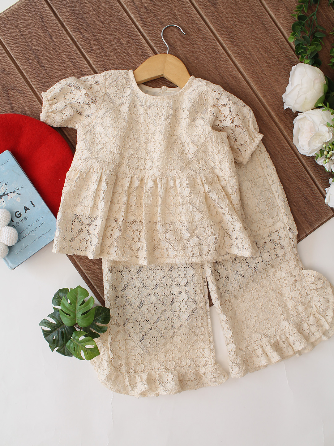 Qvink Half Sleeves Coordinating Top & Pant Set - Cream