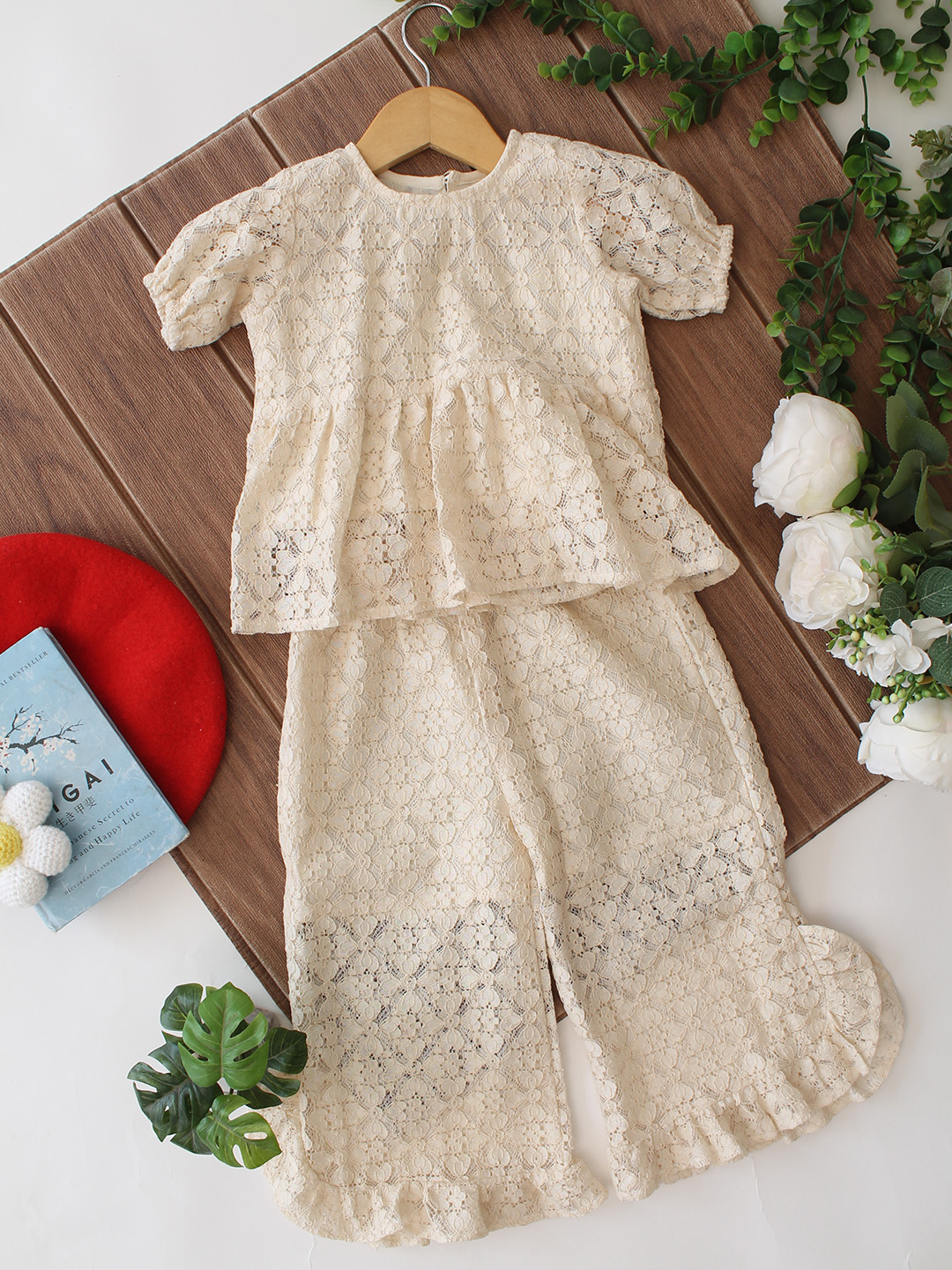 Qvink Half Sleeves Coordinating Top & Pant Set - Cream