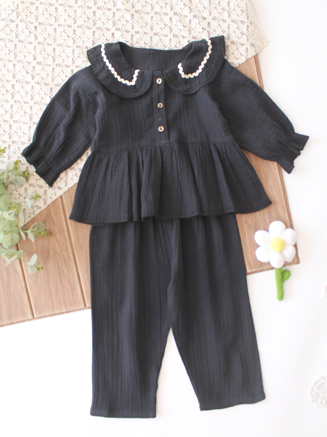 Qvink Full Sleeves Ruffled Co-Ord Set - Black