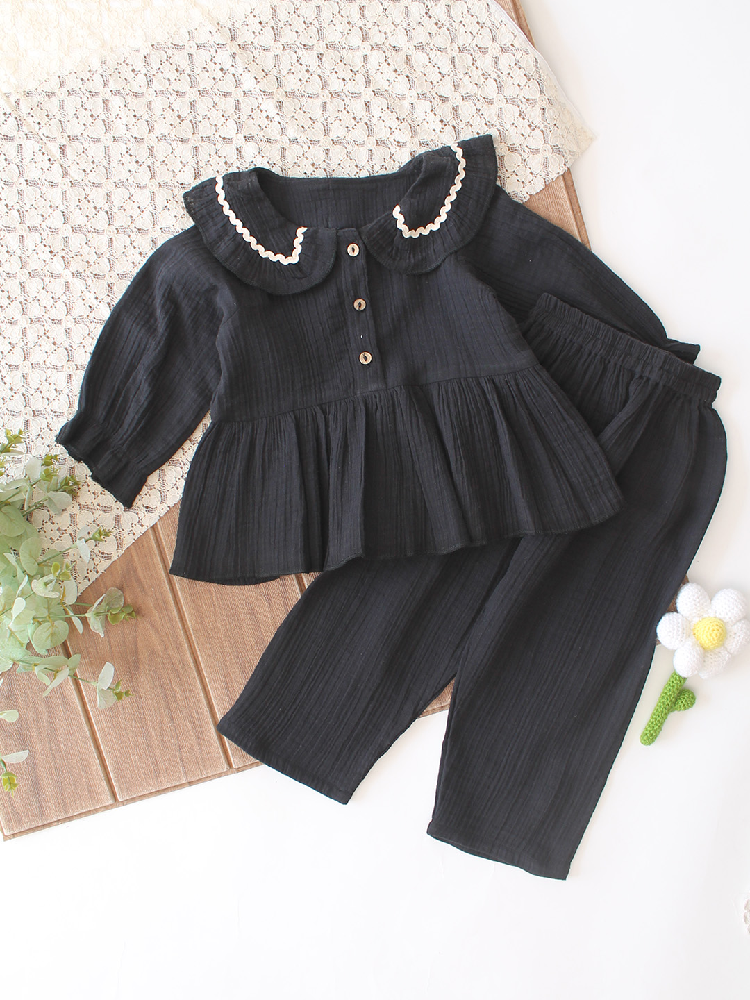 Qvink Full Sleeves Ruffled Co-Ord Set - Black