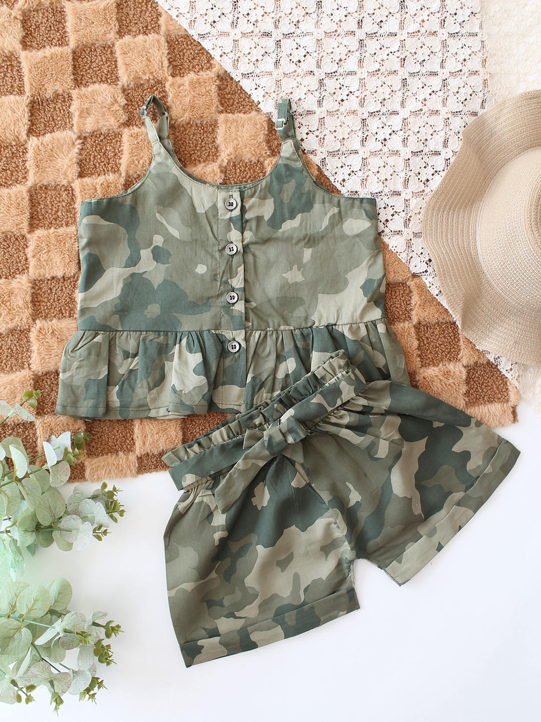 Qvink Cotton Camouflage Print Coordinating Top  Shorts Set  Green