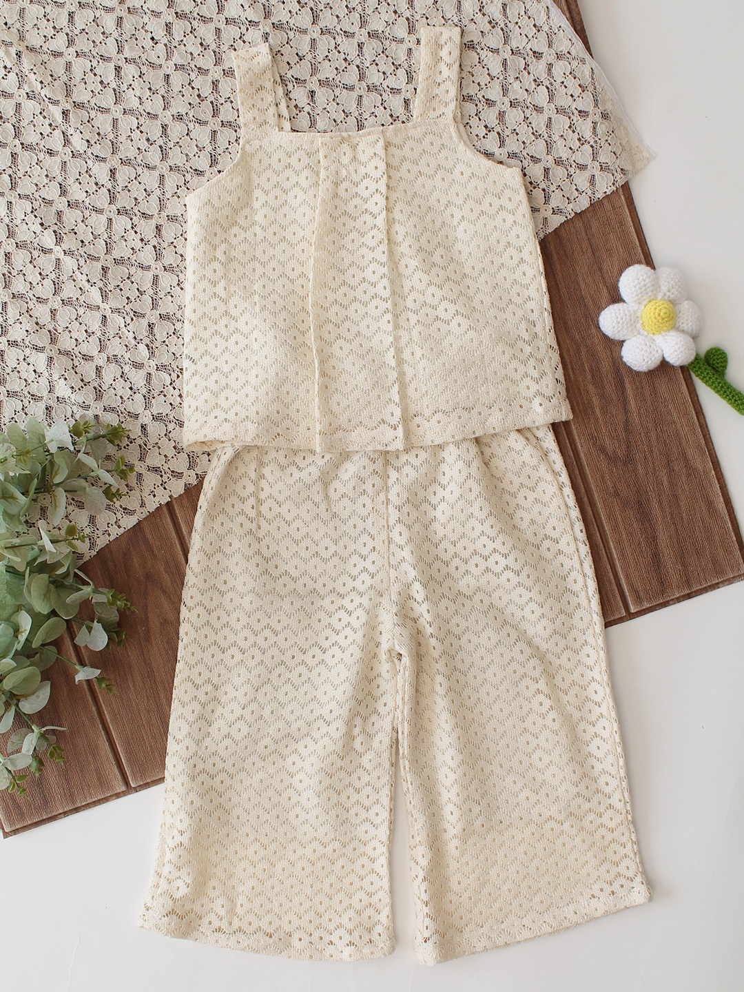 Qvink Cotton Crochet Coordinating Top  Pant Set  Cream