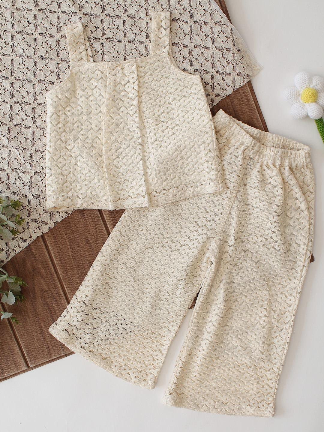 Qvink Cotton Crochet Coordinating Top  Pant Set  Cream