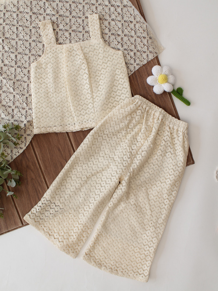 Image of Qvink Cotton Crochet Coordinating Top &amp; Pant Set - Cream
