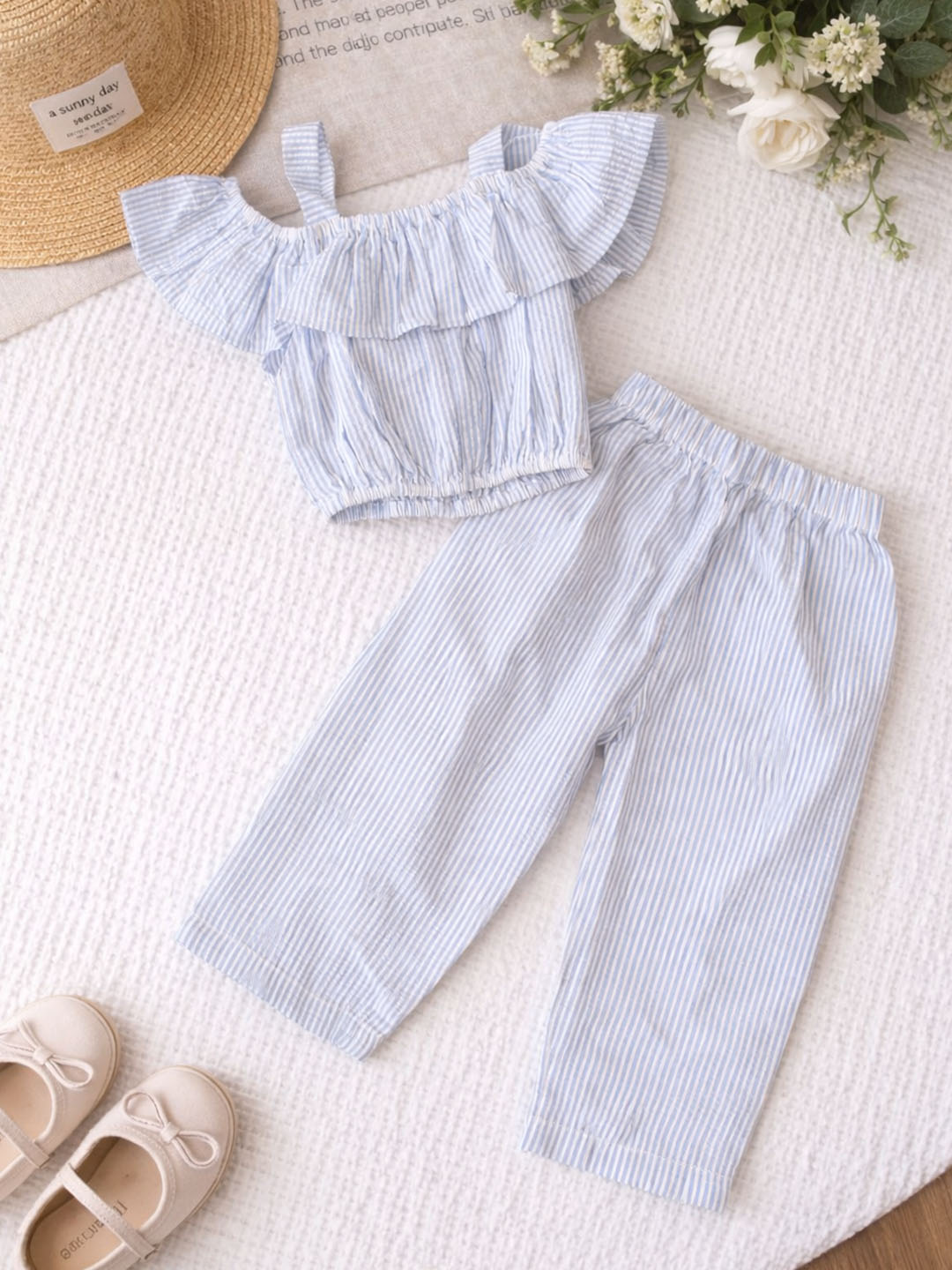 Qvink Cotton Striped Offshoulder Style Coord Set  Sky Blue