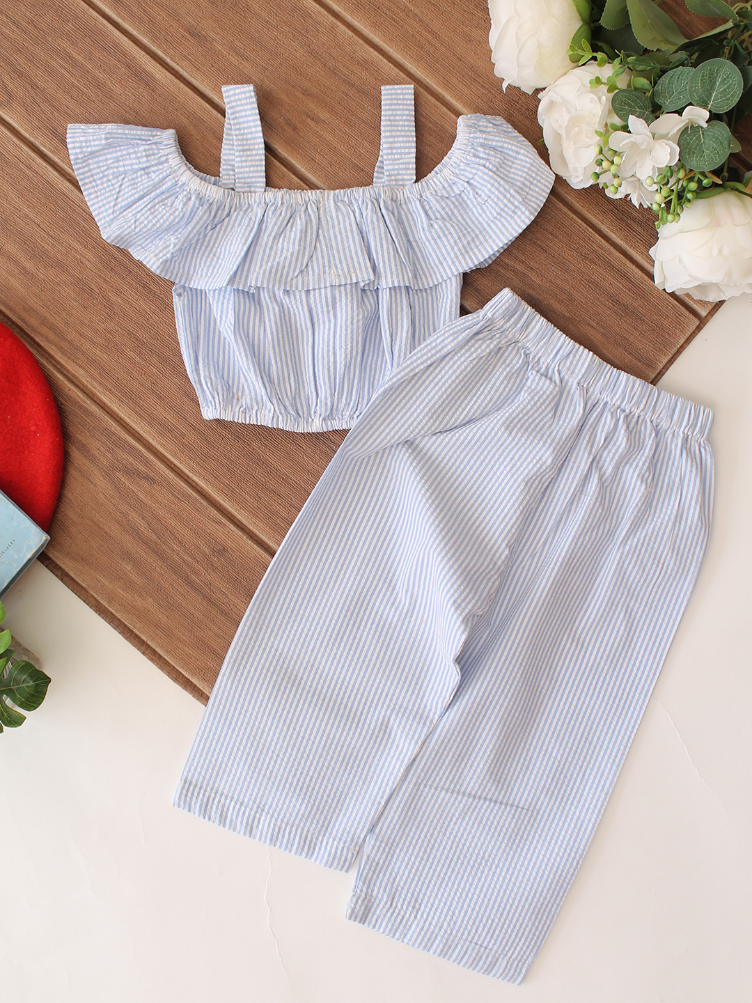 Qvink Cotton Striped Offshoulder Style Coord Set  Sky Blue