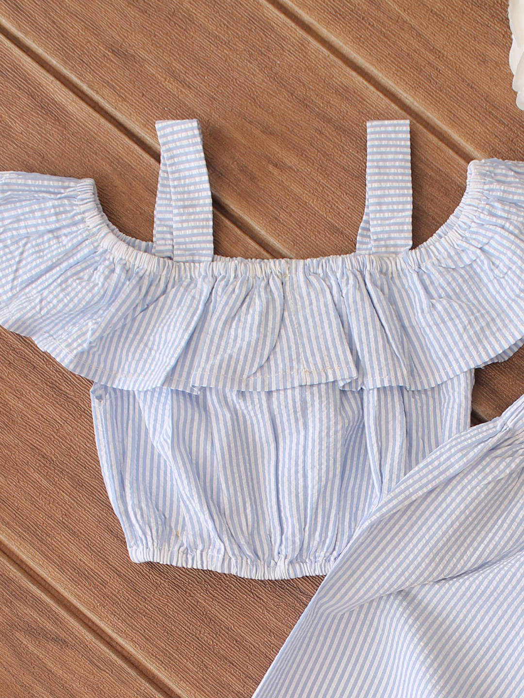 Qvink Cotton Striped Offshoulder Style Coord Set  Sky Blue