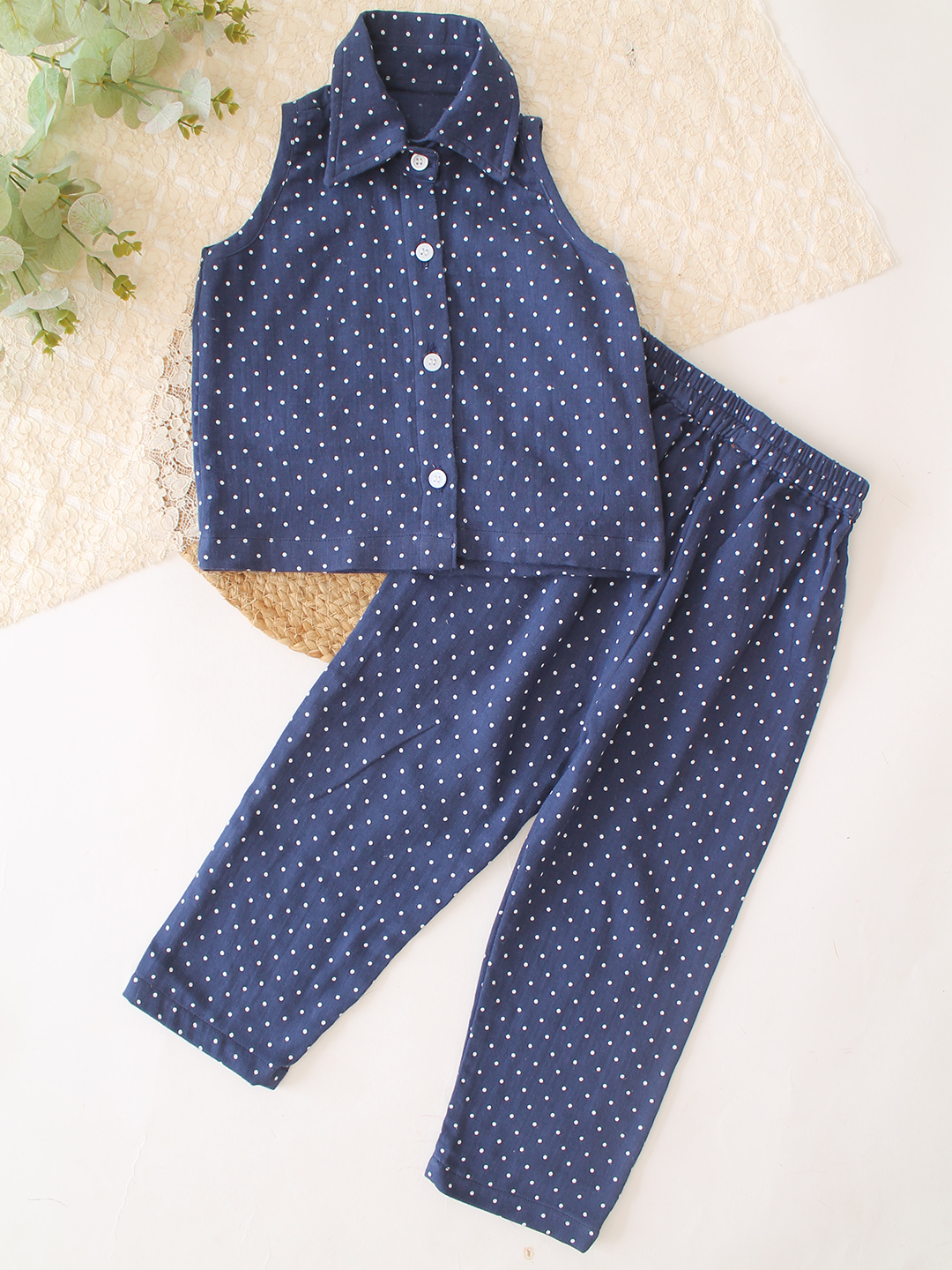 Qvink Cotton Polka Dots Coordinating Shirt with Pant Set  Navy