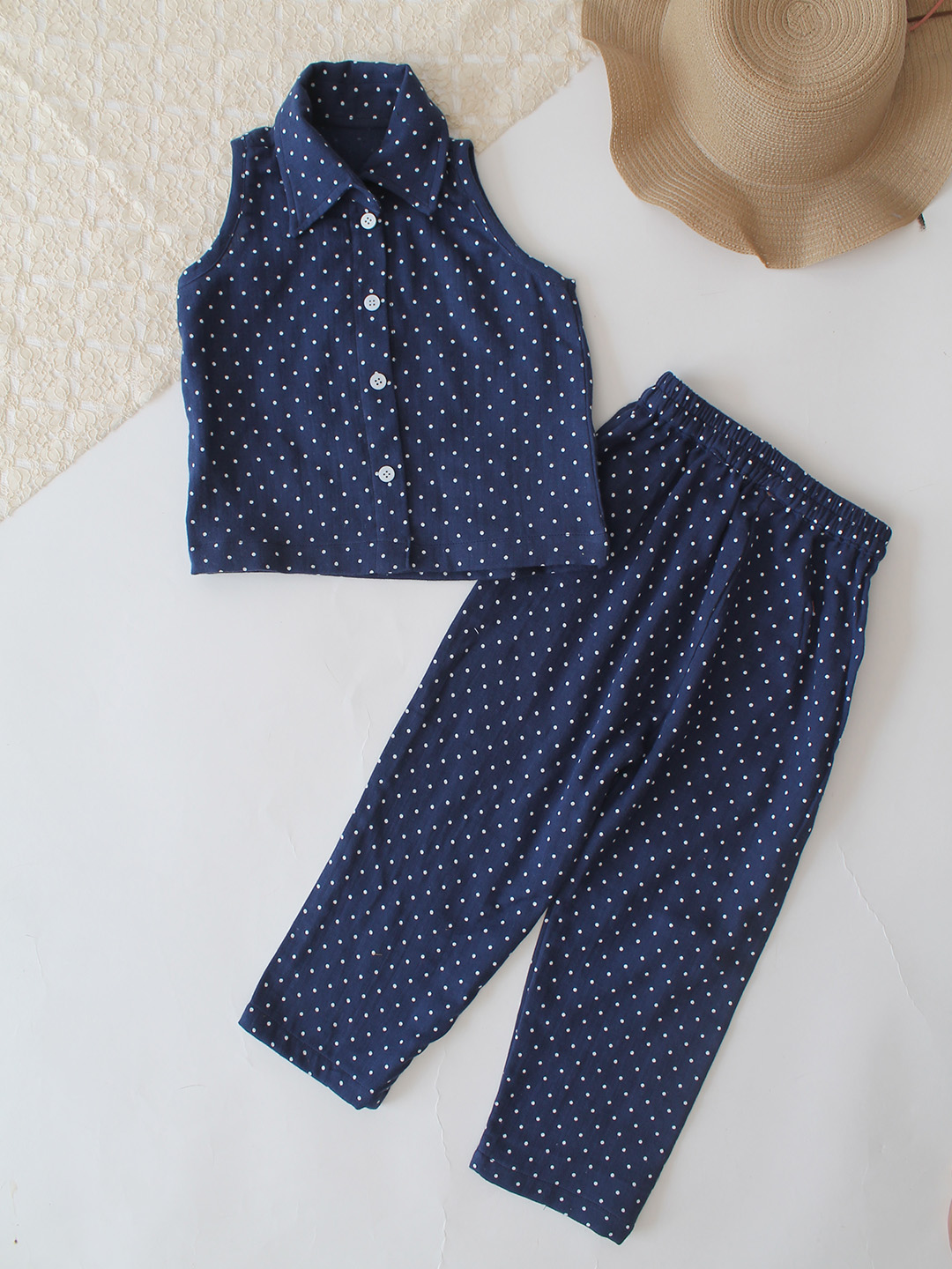 Qvink Cotton Polka Dots Coordinating Shirt with Pant Set  Navy