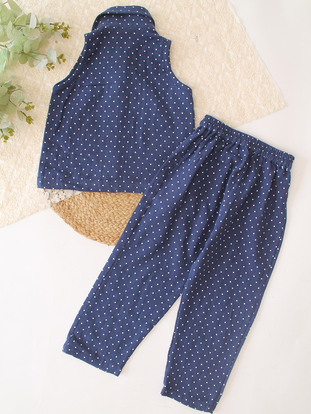 Qvink Cotton Polka Dots Coordinating Shirt with Pant Set  Navy
