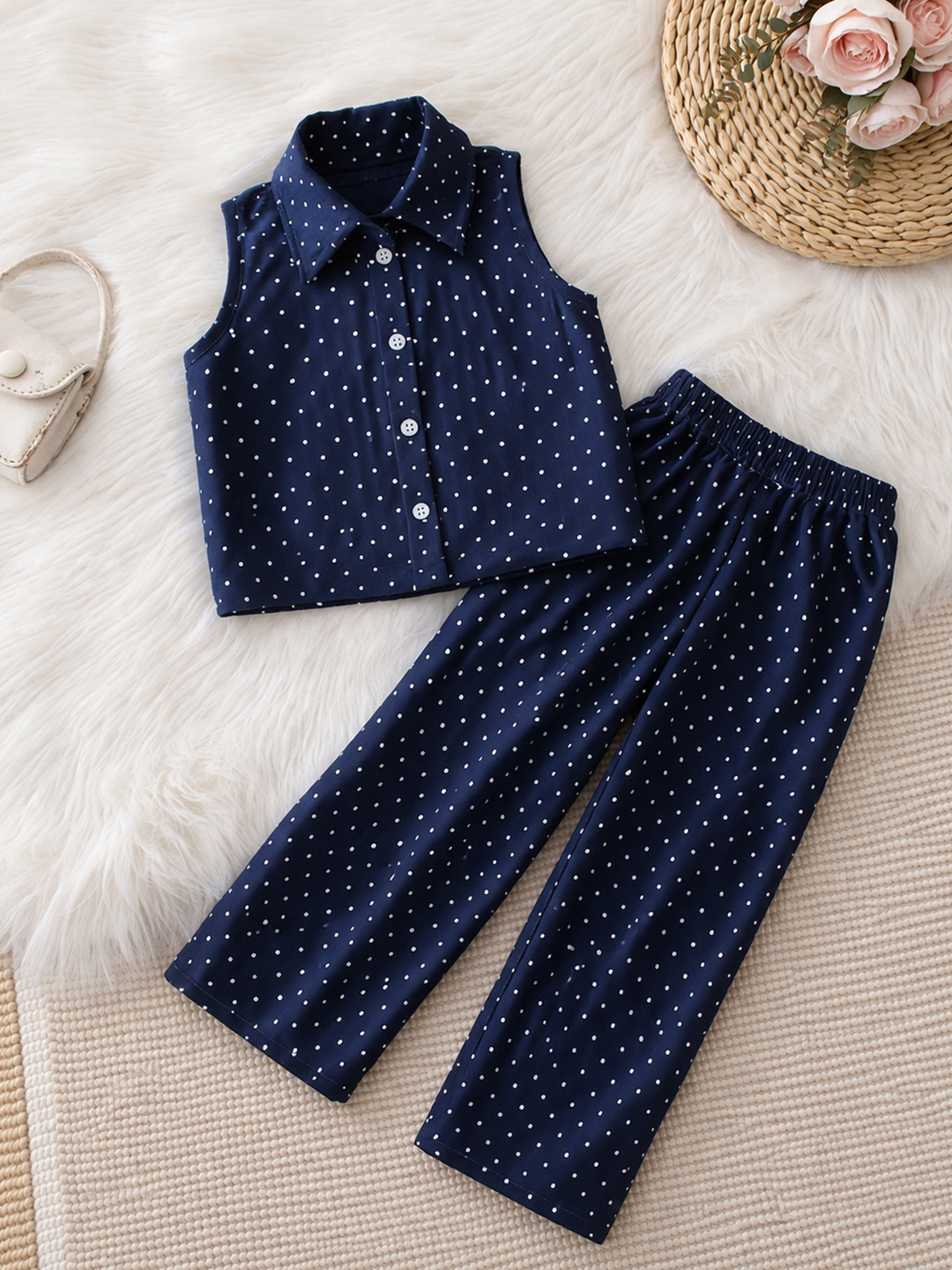 Qvink Cotton Polka Dots Coordinating Shirt with Pant Set  Navy