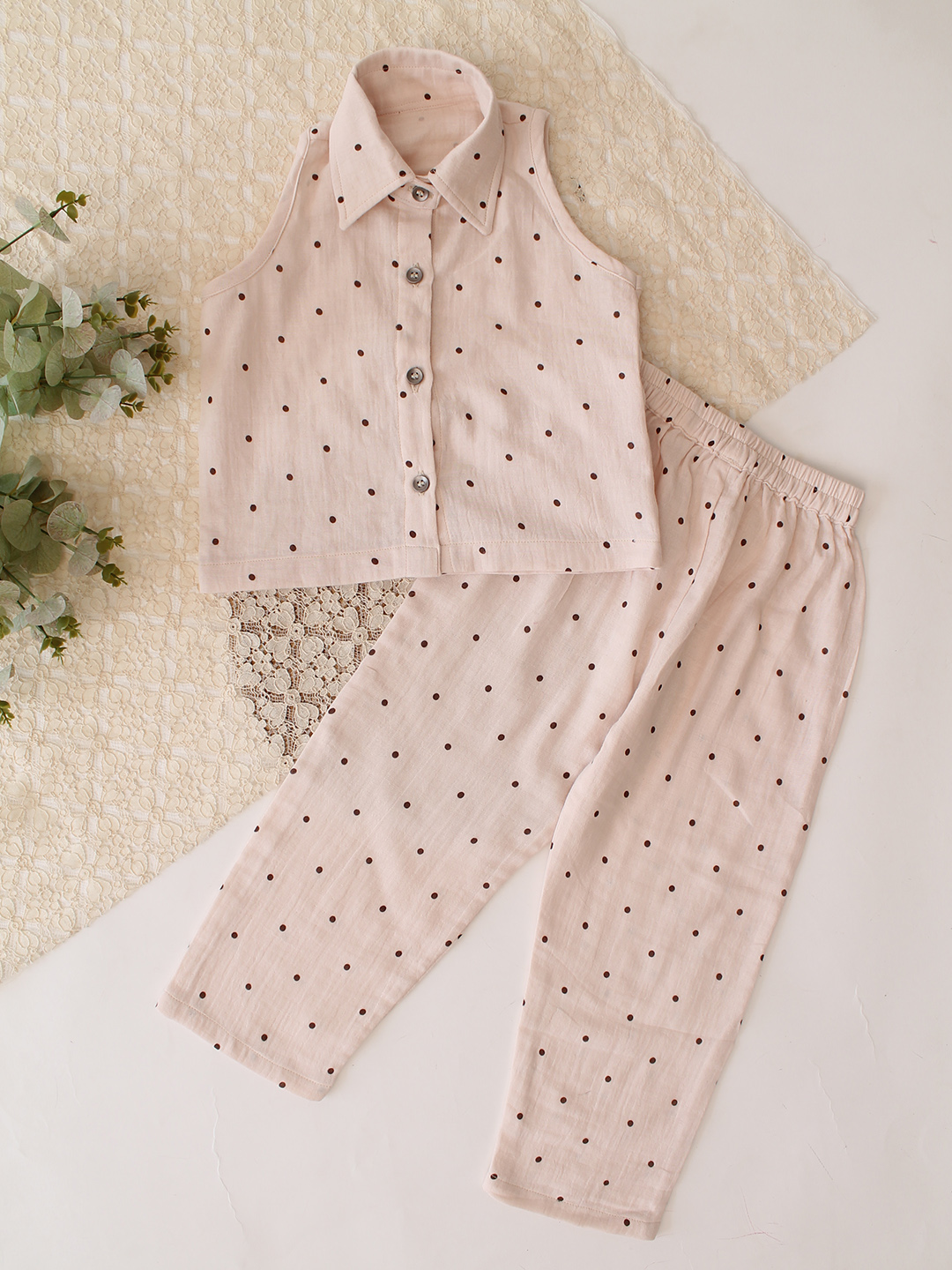 Qvink Cotton Polka Dots Coordinating Shirt with Pant Set  Beige