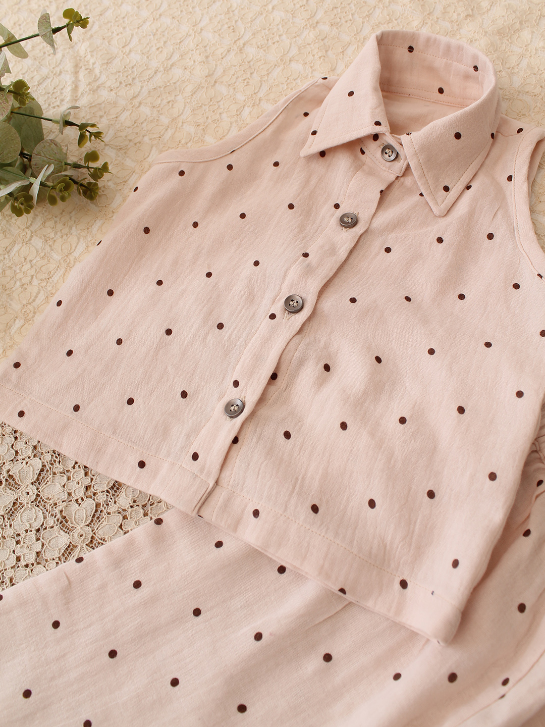 Qvink Cotton Polka Dots Coordinating Shirt with Pant Set  Beige