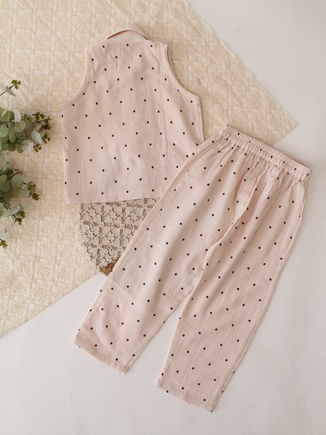 Qvink Cotton Polka Dots Coordinating Shirt with Pant Set  Beige