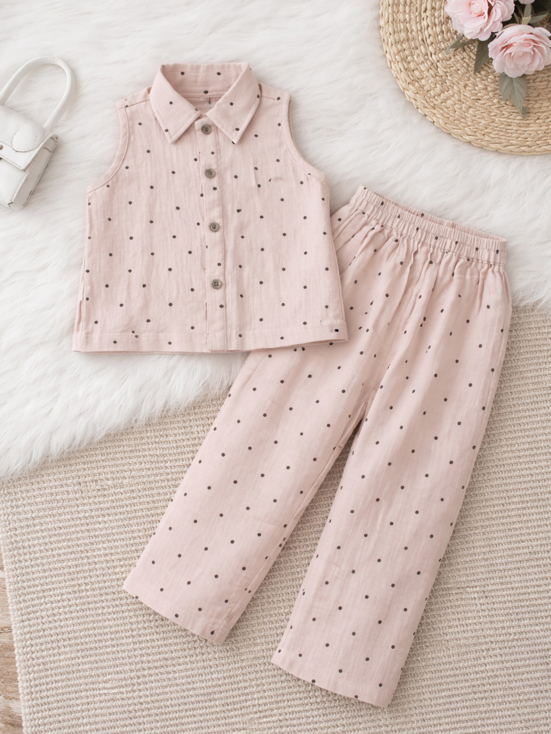 Qvink Cotton Polka Dots Coordinating Shirt with Pant Set  Beige